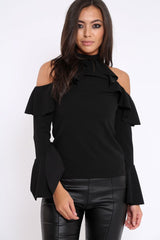 Black High Neck Cold Shouldered Frill Top - Stace-Tops
