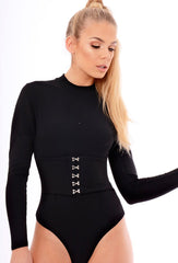 Black High Neck Corset Detail Bodysuit - Hilda-Bodysuits