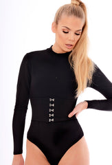 Black High Neck Corset Detail Bodysuit - Hilda-Bodysuits