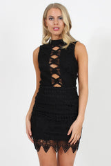 Black High Neck Crochet Backless Dress - Kimmi-Dresses