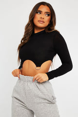 Black High Neck Cropped Ring Detail Crop Top - Maebel-Crop Tops