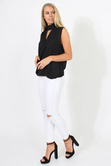 Black High Neck Cross Over Top - Remy-Tops