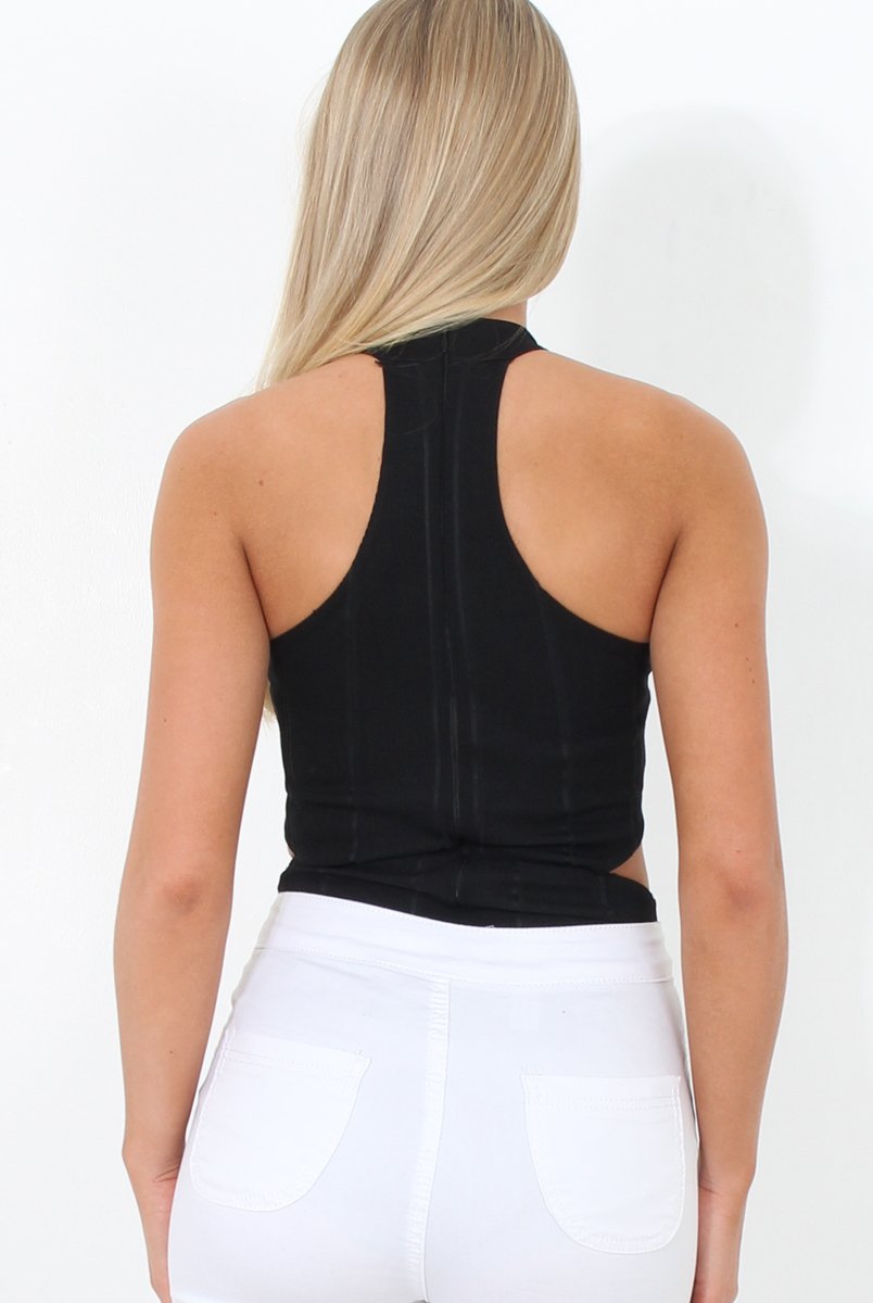 Black High Neck Cut Out Bodysuit - Shelby-Bodysuits