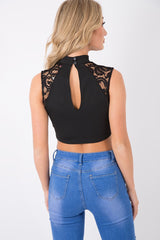 Black High Neck Cut Out Crochet Crop Top - Una-Crop Tops