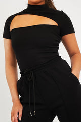 Black High Neck Cut Out Crop Top - Reita-Crop Tops