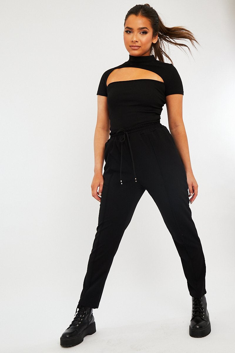 Black High Neck Cut Out Crop Top - Reita-Crop Tops