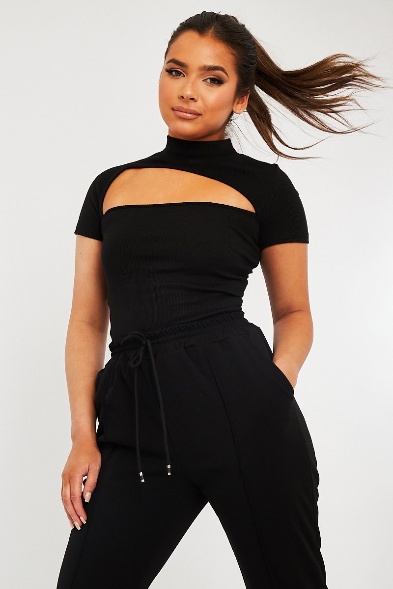 Black High Neck Cut Out Crop Top - Reita-Crop Tops