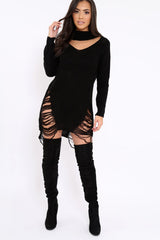 Black High Neck Cut Out Distressed Jumper Dress - Adalyn-Jumper