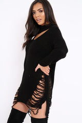 Black High Neck Cut Out Distressed Jumper Dress - Adalyn-Jumper