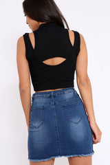 Black High Neck Cut Out Ribbed Crop Top - Jessica-Crop Tops