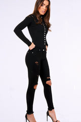 Black High Neck Eyelet Detail Bodysuit - Maddison-Bodysuits