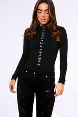 Black High Neck Eyelet Detail Bodysuit - Maddison-Bodysuits