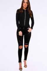 Black High Neck Eyelet Detail Bodysuit - Maddison-Bodysuits