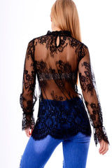 Black High Neck Floral Lace Bell Sleeve Top - Elenore-Tops