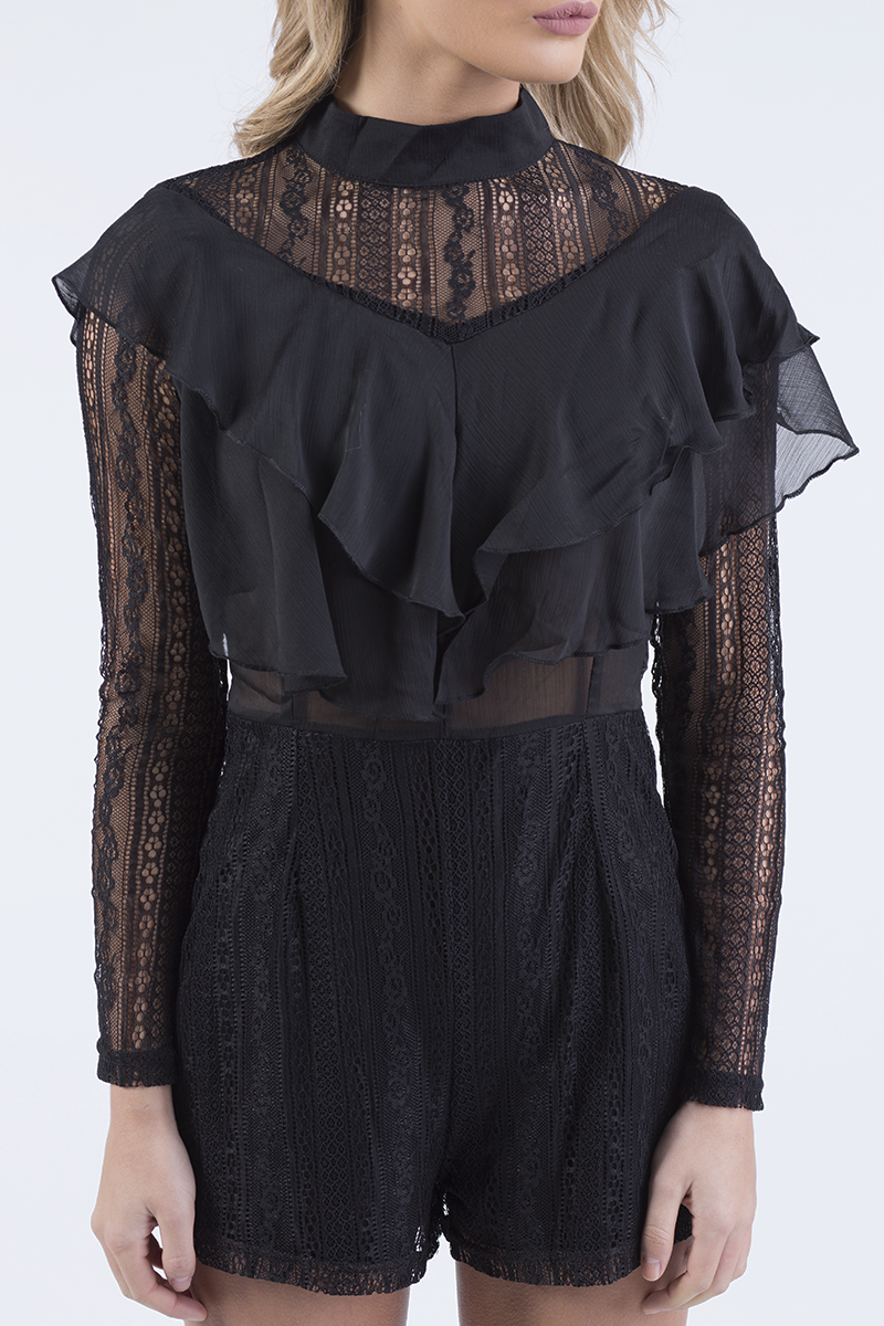 Black High Neck Frill Lace Playsuit - Katie-Playsuits