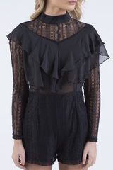 Black High Neck Frill Lace Playsuit - Katie-Playsuits