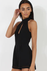 Black High Neck Keyhole Playsuit - Nori-Playsuits