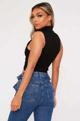 Black High Neck Lace Up Detail Sleeveless Crop Top - Jeniya-Crop Tops