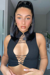 Black High Neck Lace Up Detail Sleeveless Crop Top - Jeniya-Crop Tops