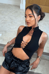 Black High Neck Lace Up Detail Sleeveless Crop Top - Jeniya-Crop Tops