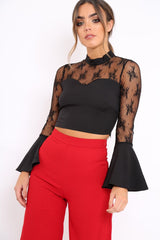 Black High Neck Lace blouse with Flare Bell Sleeves - Janella-Tops