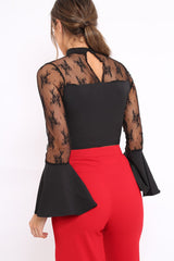 Black High Neck Lace blouse with Flare Bell Sleeves - Janella-Tops