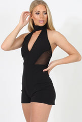 Black High Neck Mesh Detail Playsuit - Kacey-Playsuits