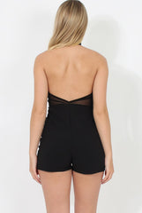 Black High Neck Mesh Detail Playsuit - Kacey-Playsuits