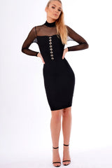 Black High Neck Mesh Eyelet Detail Midi Dress - Indy-Dresses