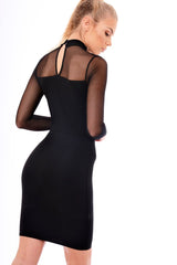 Black High Neck Mesh Eyelet Detail Midi Dress - Indy-Dresses