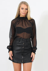 Black High Neck Mesh Polka dot Top- Gabbie-Tops
