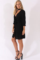 Black High Neck Plunge Tie Waist Dress - Trinity-Dresses