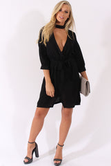 Black High Neck Plunge Tie Waist Dress - Trinity-Dresses