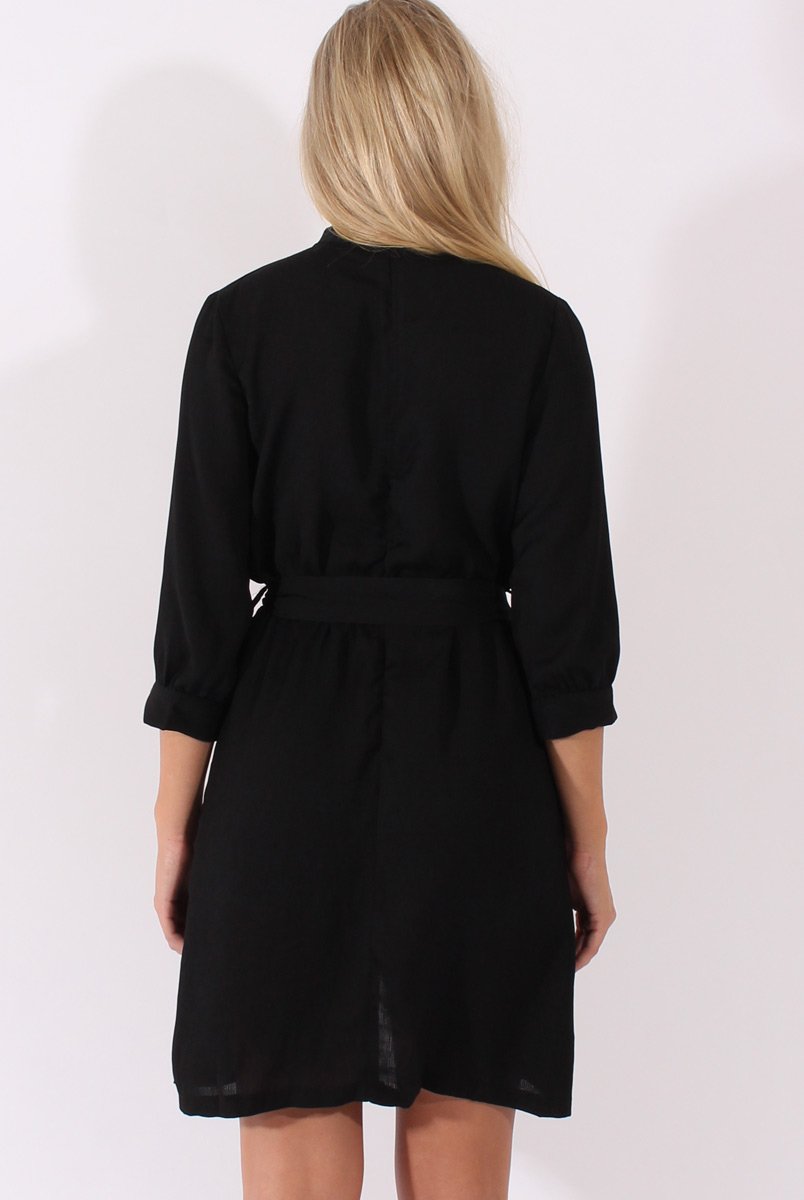 Black High Neck Plunge Tie Waist Dress - Trinity-Dresses