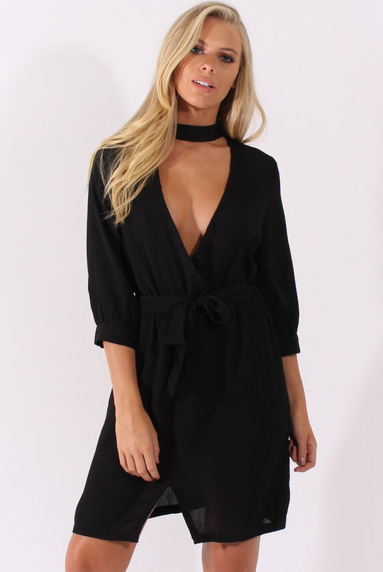 Black High Neck Plunge Tie Waist Dress - Trinity