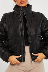 Black High Neck Puffer Coat - Docie-Coats