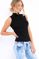 Black High Neck Ribbed Top - Cicely-Tops