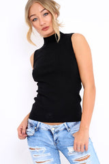 Black High Neck Ribbed Top - Cicely-Tops
