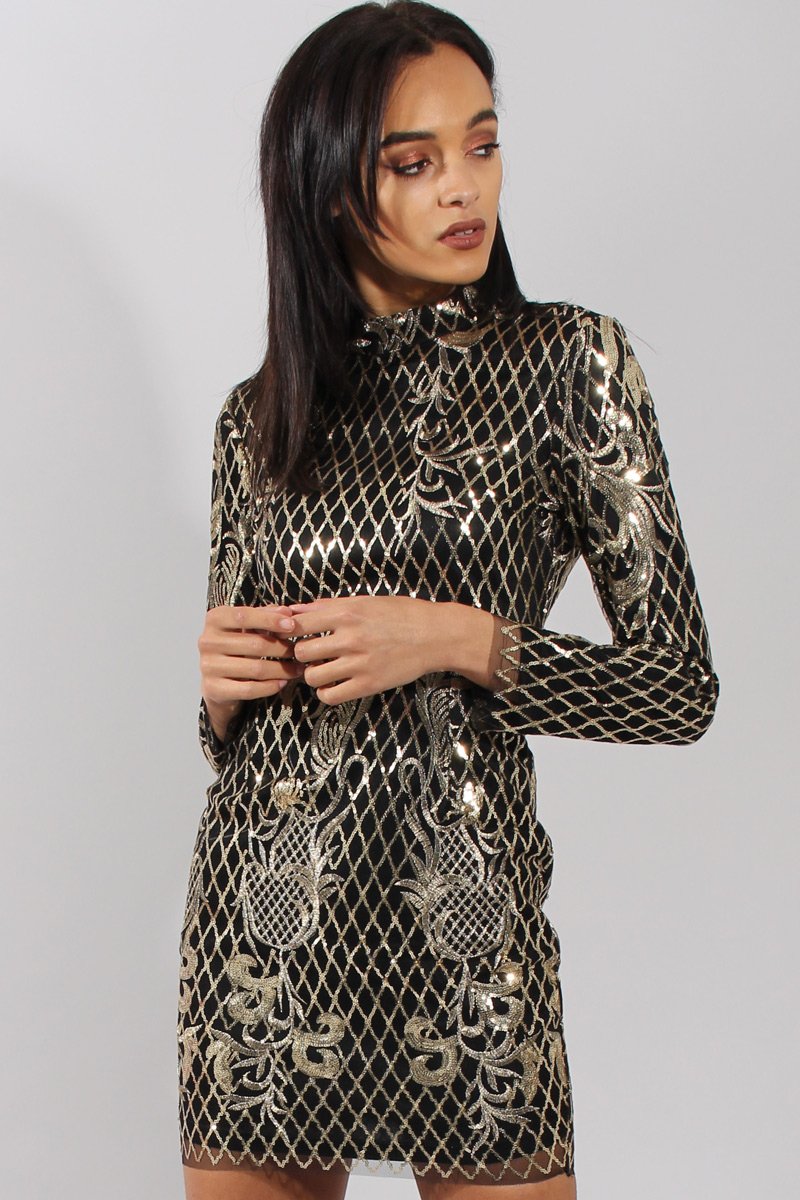 Black High Neck Sequin Embellished Bodycon Dress - Laila-Dresses
