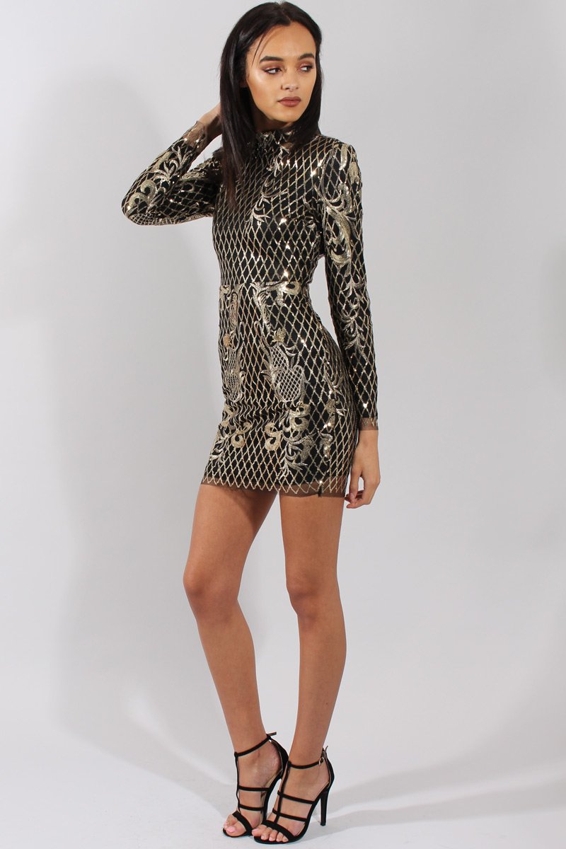 Black High Neck Sequin Embellished Bodycon Dress - Laila-Dresses