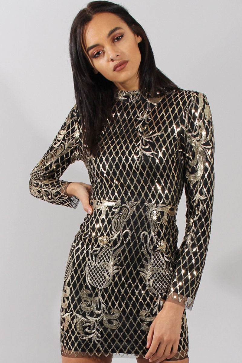 Black High Neck Sequin Embellished Bodycon Dress - Laila-Dresses