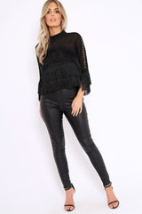 Black High Neck Sheer Tassel Blouse - Sanita-Tops