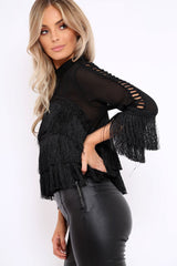 Black High Neck Sheer Tassel Blouse - Sanita-Tops