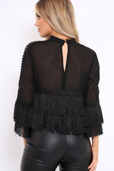 Black High Neck Sheer Tassel Blouse - Sanita-Tops