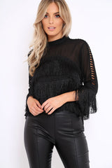 Black High Neck Sheer Tassel Blouse - Sanita-Tops