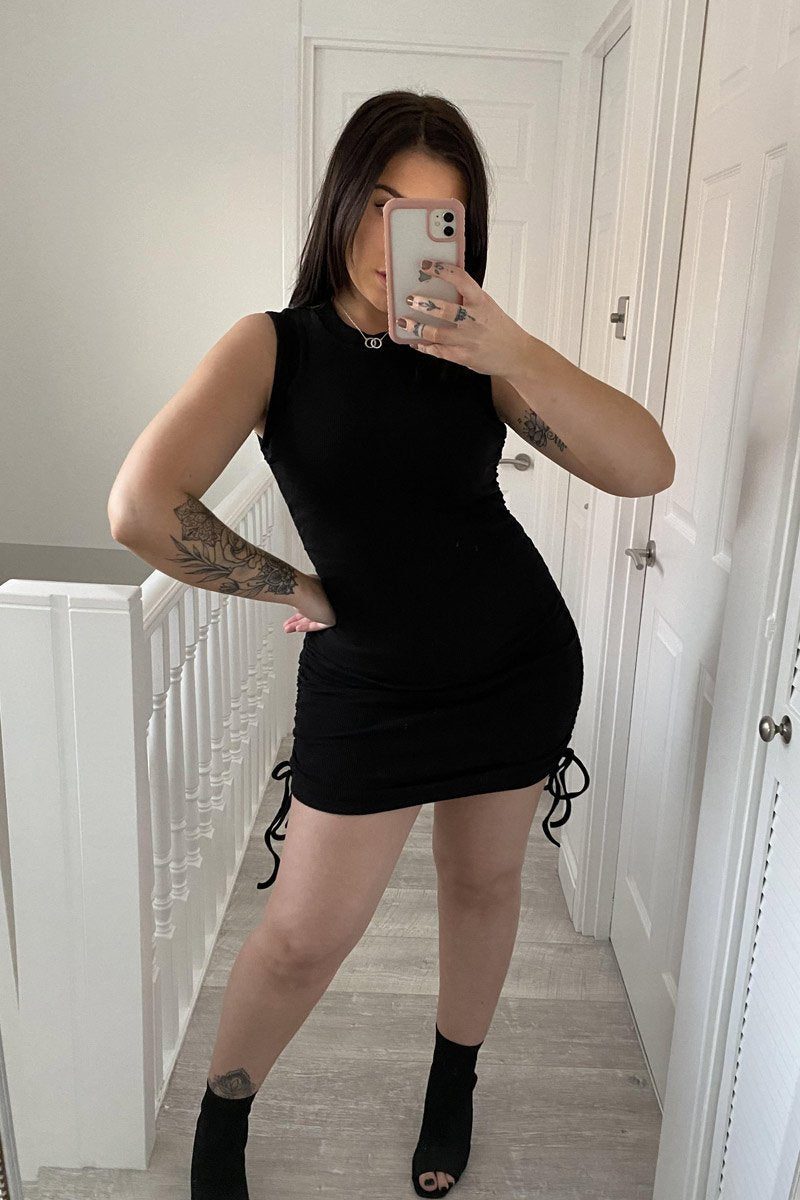 Black High Neck Side Ruched Mini Bodycon Dress - Nia-Dresses