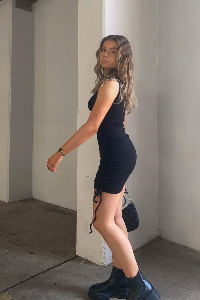 Black High Neck Side Ruched Mini Bodycon Dress - Nia-Dresses