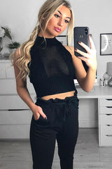 Black High Neck Sleeveless Crop Jumper - Maleena-Crop Jumper