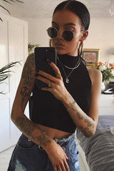 Black High Neck Sleeveless Crop Jumper - Maleena-Crop Jumper