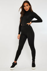 Black High Neck Zip Crop Top Leggings Co-ord - Eily-Co-ords
